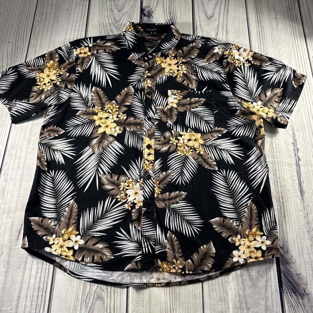 Hisdern Shirt Men's L 17 Black Hawaiian Print Collared Short Sleeve Button-Up